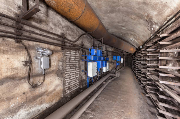 Horizontal water pipe or pipeline in a mountain tunnel. Irrigation system, agriculture, transportation concepts. Selective focus.