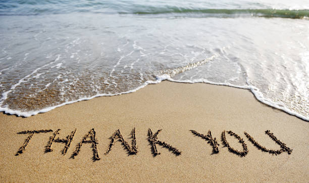 istock thank you word drawn on the beach sand 935405222