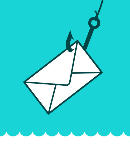 Phishing mail concept with envelope on hook Phishing mail concept with an envelope caught on a fishing hook over a blue background and lapping water in a play on words, eps8 vector illustration fishing hook stock illustrations