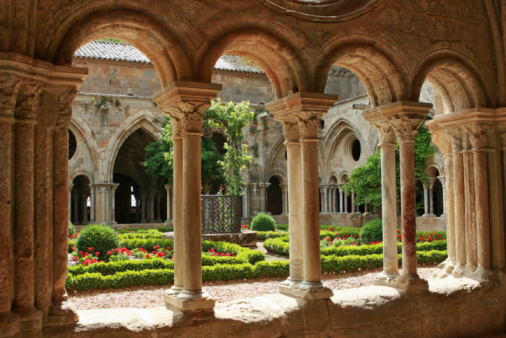 Ona, Spain - 5 August, 2020: Benedictine monastery of San Salvador de Oña in Burgos. Gothic cloister