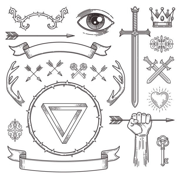 abstrakte tattoo strichzeichnungen heraldische stilelemente. vektor-illustration. - schwert stock-grafiken, -clipart, -cartoons und -symbole