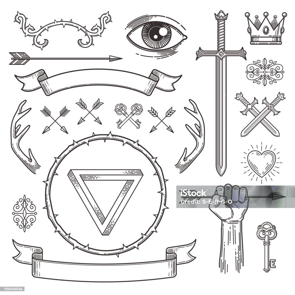 Abstract tattoo style line art heraldic elements. Vector illustration. Sword stock vector