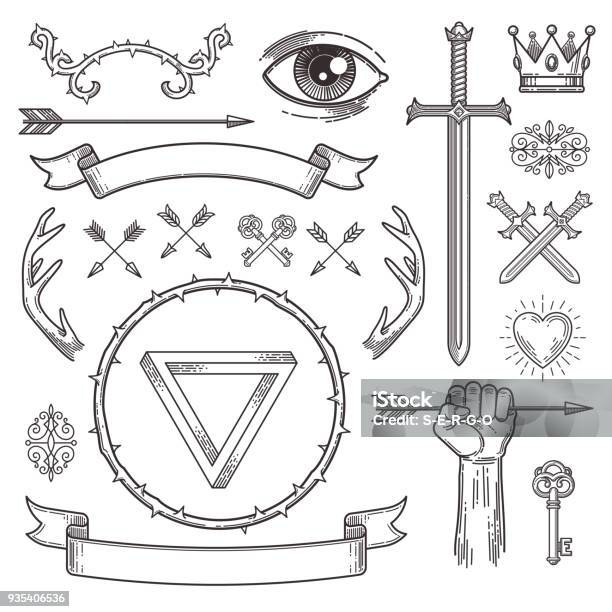 Abstract Tattoo Style Line Art Heraldic Elements Vector Illustration Stock Illustration - Download Image Now