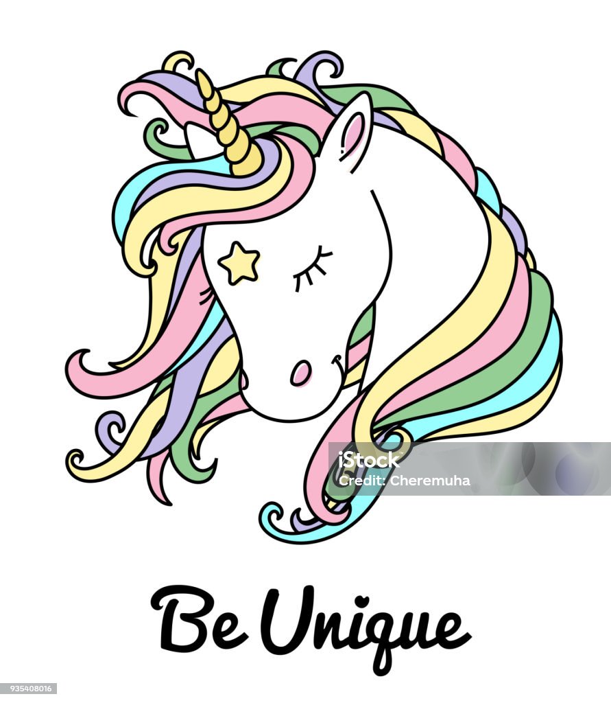 Cabeza de unicornio vector con pelo de arco iris e inscripción ser único. - arte vectorial de Unicornio libre de derechos