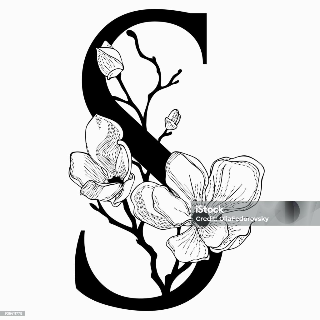 Vector Hand Drawn Floral Uppercase S Monogram And Logo Stock