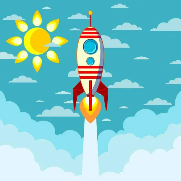 Vector illustration of A rocket ship flies in the sky