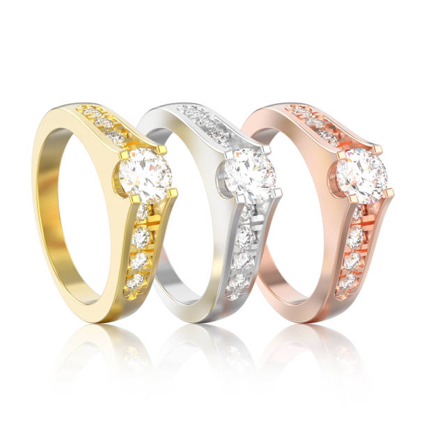 istock 3D illustration isolated three different gold or silver decorative engagement wedding diamond ring with reflection 935422372