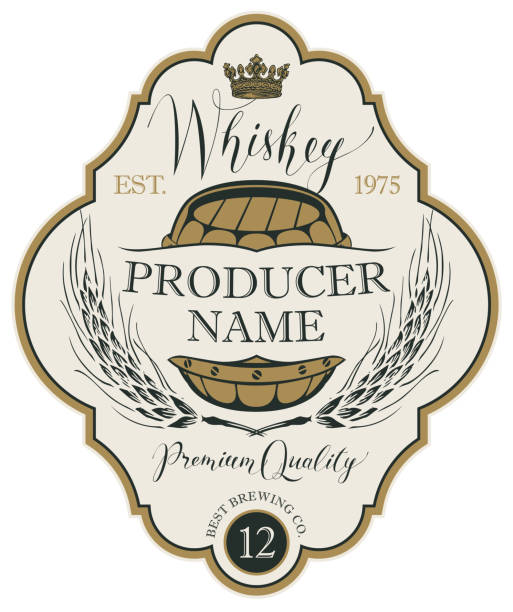 Label for whiskey with ears of barley and barrel Vector label for whiskey in the figured frame with crown, ears of barley, wooden barrel and handwritten inscription in retro style bourbon barrel stock illustrations