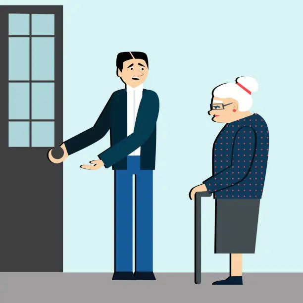 Vector illustration of good manners. man open the door to an elderly person.tired woman.etiquette.polite man.Conscience ethics and moral.respect old people