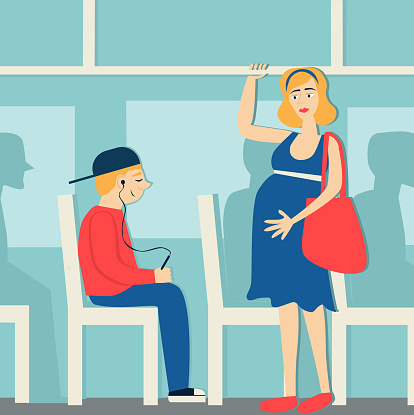 .pregnant woman in the bus.to give way to pregnant woman.tired woman and young boy with player.Conscience ethics and moral.respect pregnant woman
