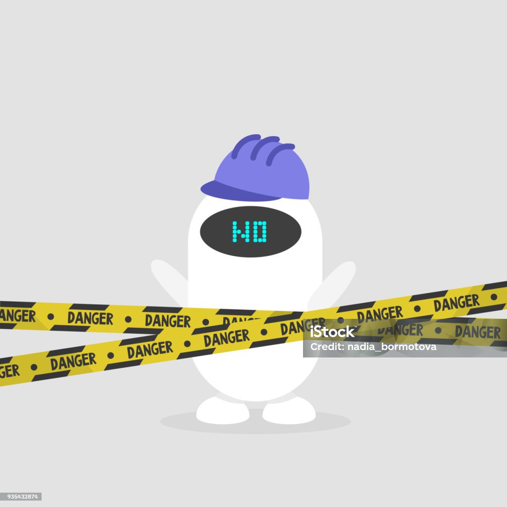 Cute robot engineer wearing a hard hat. Caution. Danger yellow tape. Industrial illustration. Flat vector illustration, clip art. Internet stock vector