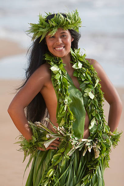 Hawaiian Hula Girl on the Beach stock photo