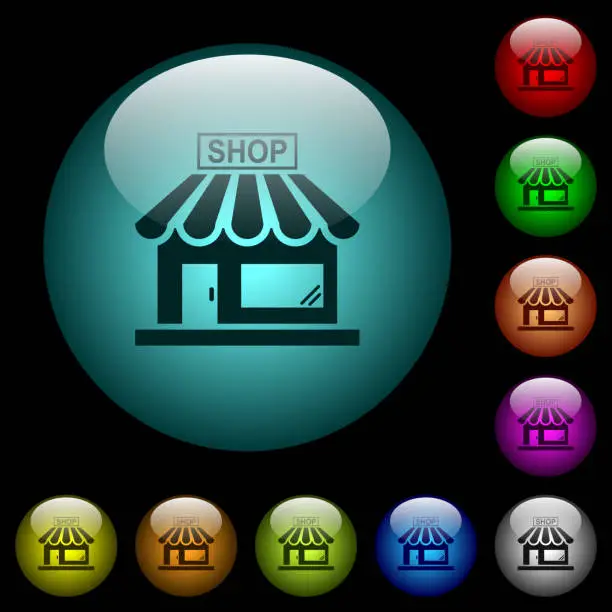 Vector illustration of Store front icons in color illuminated glass buttons