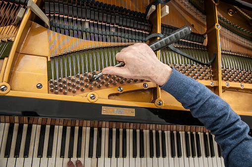 mano y las herramientas del sintonizador trabajando en piano photo