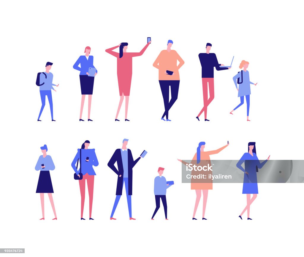 People with gadgets - flat design style set of isolated characters People with gadgets - flat design style set of isolated characters on white background. Cartoon women, men and children using their smartphones, laptops, tablets, ebook readers Characters stock vector