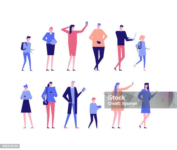 People With Gadgets Flat Design Style Set Of Isolated Characters Stock Illustration - Download Image Now