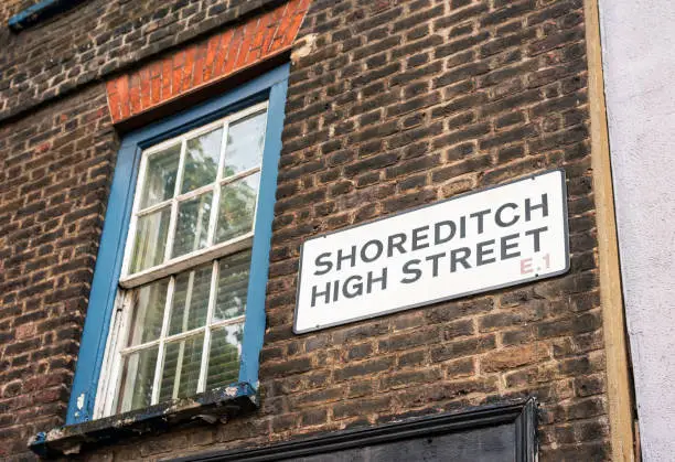 A traditional sign for Shoreditch High Street, located in East London.