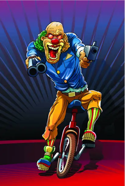 Vector illustration of Mad clown killer on unicycle