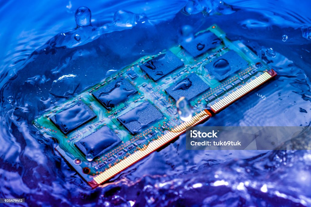 Computer Lab Over Water Technology Cyber Electronic Concept Cpu Ram Computer Fall Into The ...