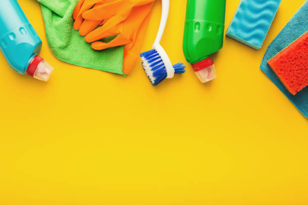 istock Various cleaning supplies, housekeeping background 935479810