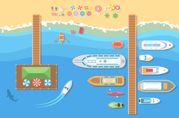 Beach top view - modern vector colorful illustration Beach top view - modern vector colorful illustration. A landscape with different types of boats, launch, pier, shark, recreation zone with umbrellas and beds elasmobranch stock illustrations
