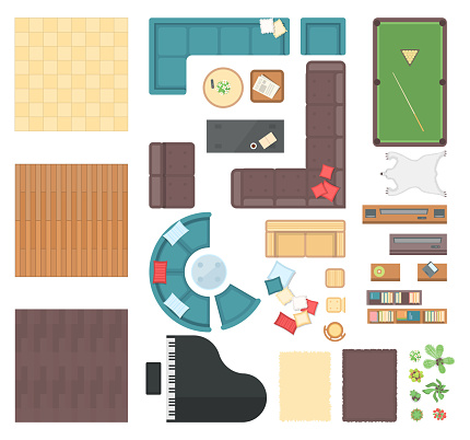 Club interior elements - set of modern vector objects isolated on white background for creating your own images. Top view position of floor, sofa, bookshelves, piano, flowers, billiard table