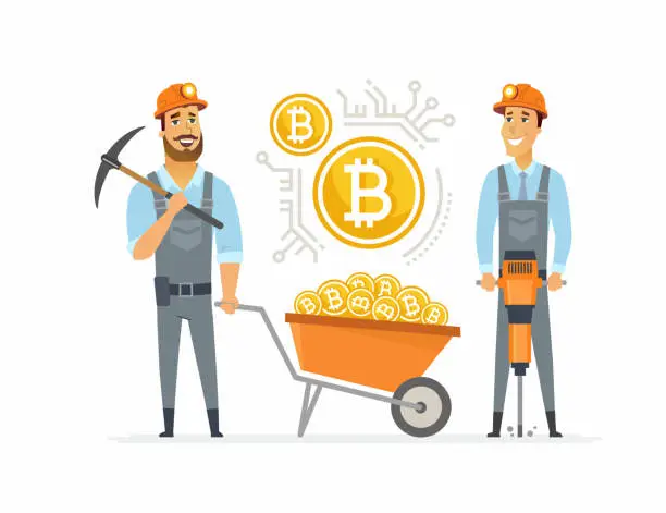 Vector illustration of Bitcoin miners - cartoon people character isolated illustration