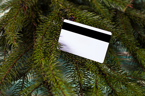 Christmas background with spruce branches and credit card on wooden board with copy space. Online shopping.