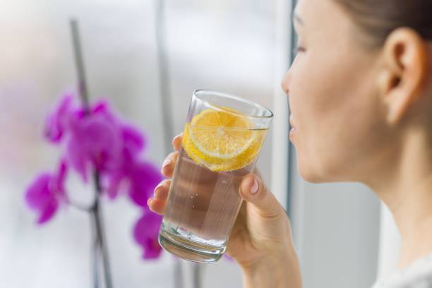 mujer verano bebida refrescante de fruta con sabor a agua infundida con limón fresco orgánico. - foods and drinks lifestyles horizontal household equipment fotografías e imágenes de stock