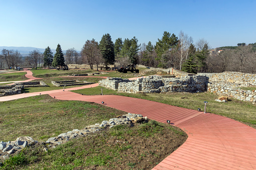 Amazing view of ruins of the medieval fortress Krakra from the period of First Bulgarian Empire near city of Pernik, Bulgaria