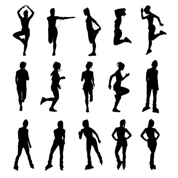 Collection of various woman silhouettes running, rollerskating, stretching and exercising vector art illustration
