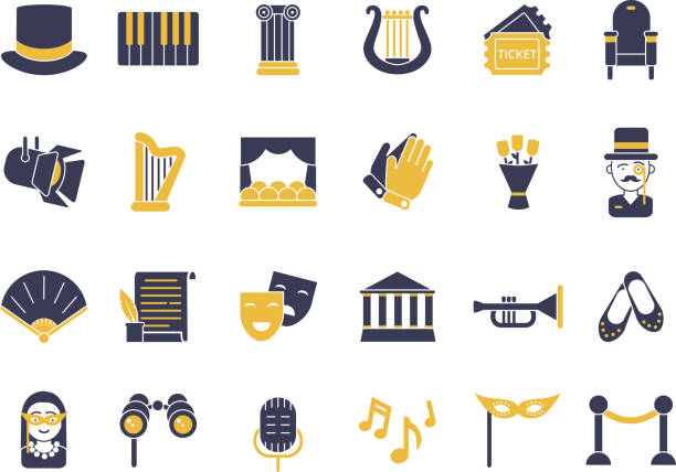 Monochrome icon set of theatre theme Monochrome icon set of theatre theme. Entertainment and music, ticket to performance, spotlight and musical instrument. Vector illustration microphone borders stock illustrations