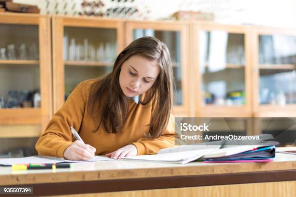 Young Female College Student In Chemistry Class Writing Notes Focused Student In Classroom Authentic Education Concept Stock Photo - Download Image Now