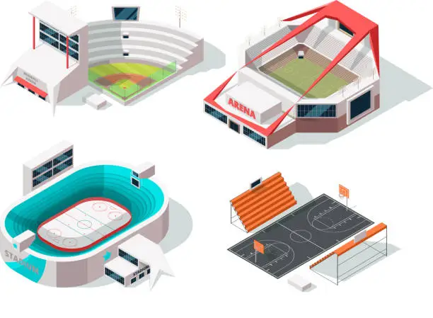 Vector illustration of Baseball, football, hockey and basketball stadiums exterior. Buildings in isometric style