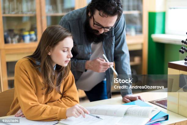 Joven Maestro A Su Alumno En Clase De Química Concepto De Educación Tutoría Y Apoyo Foto de stock y más banco de imágenes de Maestro particular