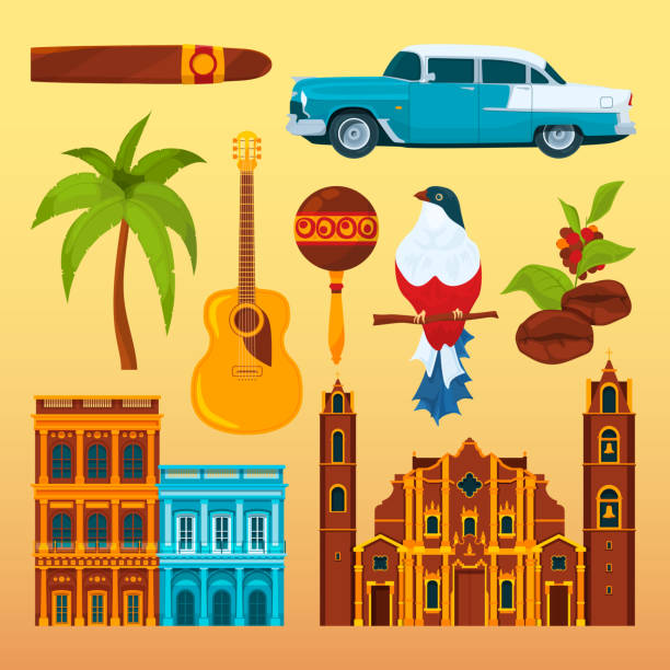 Havana cigar and others differents cultural objects and symbols of Cuba Havana cigar and others differents cultural objects and symbols of Cuba. Vector cuban national landmark, cigar and coffee, bird and palm tree illustration cuba illustrations stock illustrations