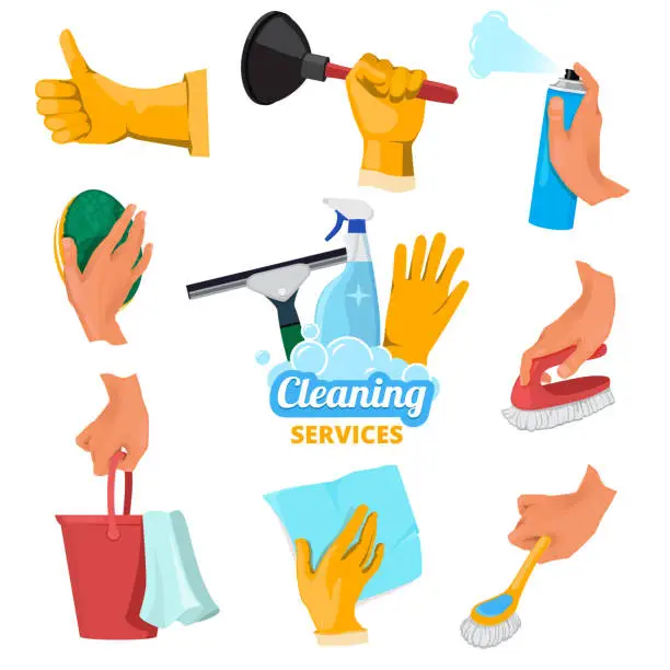 Vector illustration of Colored symbols for cleaning service. Hands holding different tools