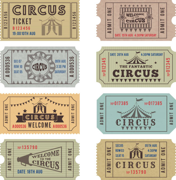 ilustraciones, imágenes clip art, dibujos animados e iconos de stock de plantilla de diseño de las entradas de circo - circo