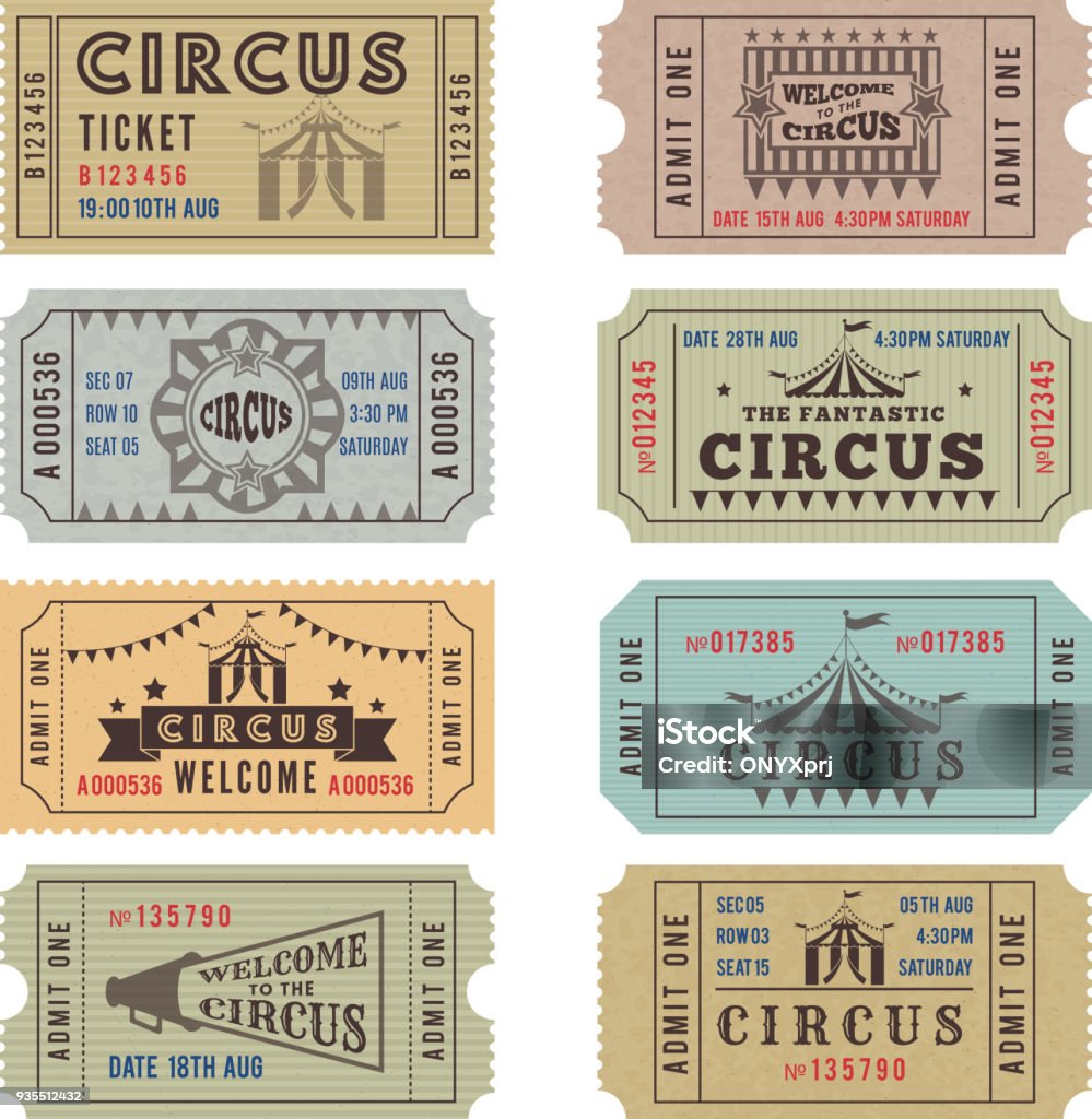 Design template of circus tickets Design template of circus tickets. Circus ticket vintage collection. Vector illustration Circus stock vector