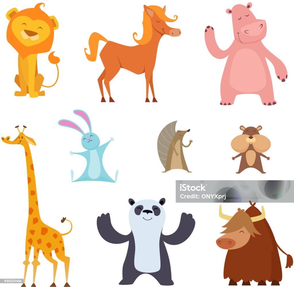 Exotic Wild Animals In Cartoon Style Stock Illustration - Download Image  Now - Panda - Animal, Africa, American Bison - iStock