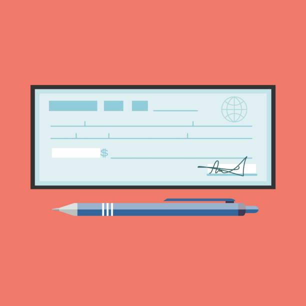 Cheque vector illustration. Cheque icon in flat style Cheque vector illustration. Cheque icon in flat style. Cheque book on colored background. Bank check with pen. Concept illustration pay, payment, buy. check financial item stock illustrations