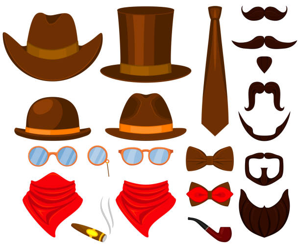 Colorful cartoon hipster 21 element set. Colorful cartoon hipster 21 element avater constructor set. Fashion vector illustration for gift card certificate sticker, badge, sign, stamp, icon, label, icon, poster, patch, banner invitation anti tobacco day stock illustrations