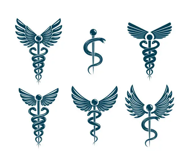 Vector illustration of Vector winged Caduceus illustrations collection. Pharmacology and healthcare idea emblems.