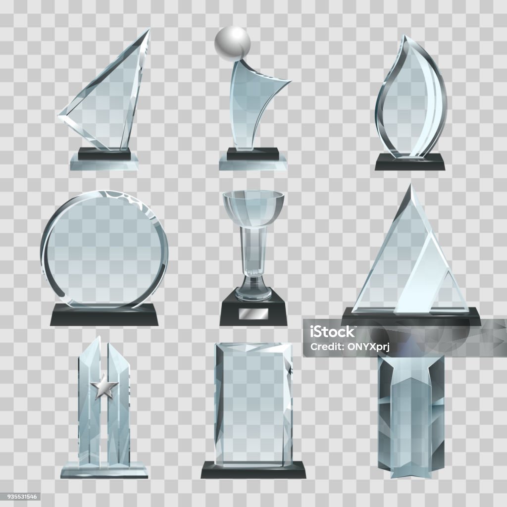 Glänzende transparente Trophäen, Auszeichnungen und Gewinner-Cups. Vektor-Illustrationen - Lizenzfrei Trophäe Vektorgrafik