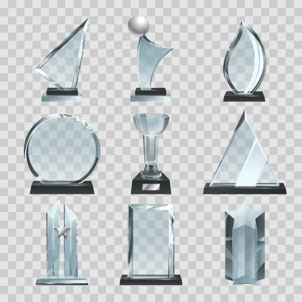 Glossy transparent trophies, awards and winner cups. Vector illustrations Glossy transparent trophies, awards and winner cups. Vector illustration. Achievement glass for winner championship, acrylic trophy sport title tag stock illustrations