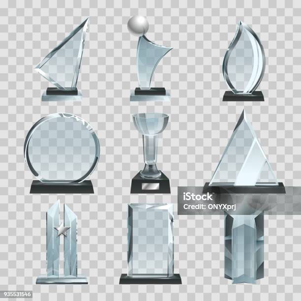Glossy Transparent Trophies Awards And Winner Cups Vector Illustrations Stock Illustration - Download Image Now