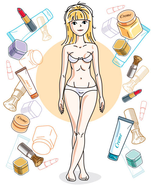 illustrations, cliparts, dessins animés et icônes de heureuse, jolie jeune femme blonde en sous-vêtements se tenant debout sur un fond coloré avec des accessoires cosmétiques comme les rouges à lèvres, fard à joues et crème. caractère de vecteur. - dead body