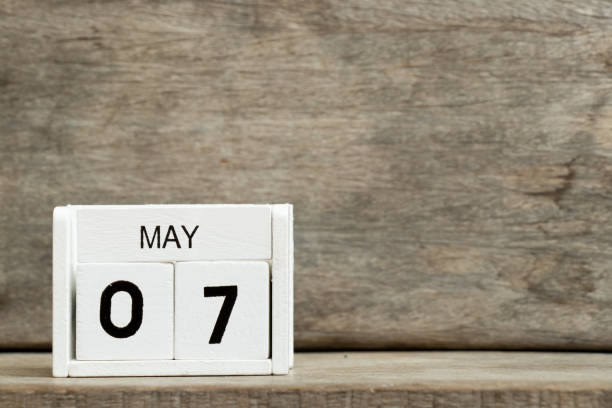 istock White block calendar present date 7 and month May on wood background 935541724