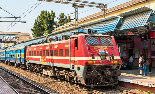 Jalgaon, India - February 8, 2018: Passenger train at Jalgaon Junction railway station. Indian Railways network spans 121,407 km of tracks