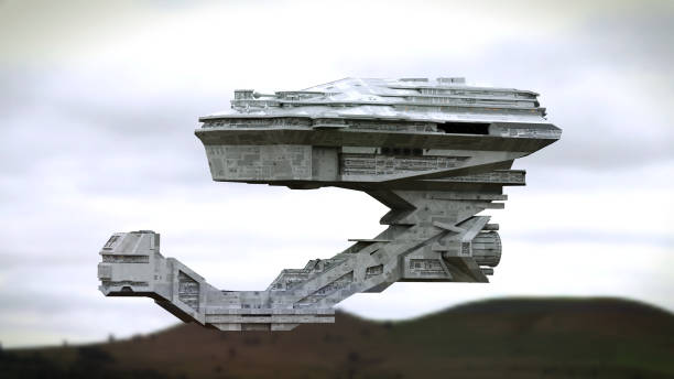 futuristic spaceship flying over a landscape (3d science fiction space illustration)